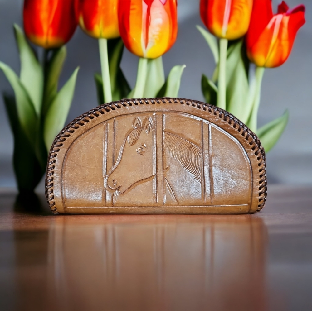 Vintage 1970s Tooled Leather Horse Clutch Bag - Picture 2 of 10